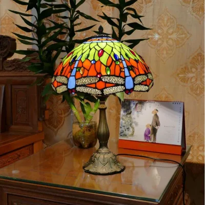 Tiffany-Tischlampe, E27, Libellen-Stil, Schlafzimmer-Nachttisch-Mosaiklampe (WH